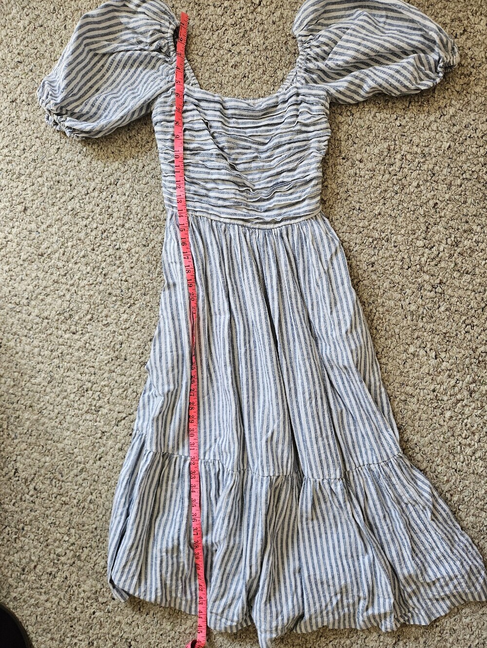 Abercrombie & Fitch Blue Stripe Puff Sleeve Midi Dress Cottagecore Smocked XS - Picture 7 of 10